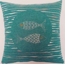 Housse de coussin brodée 43x43cm turquoise poissons