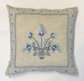 Housse de coussin brodée lin 43x43 pot et fleurs bleus